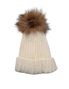 White Hat with Raccoon Fur Bobble