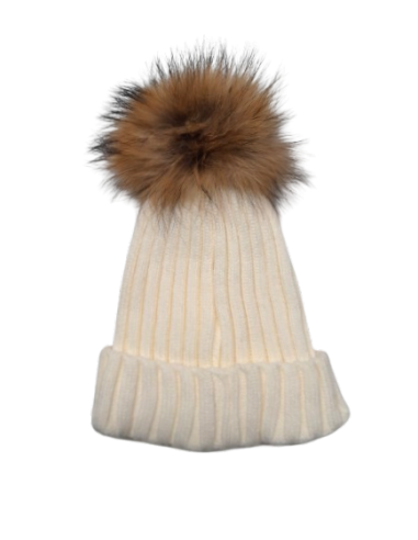 White Hat with Raccoon Fur Bobble